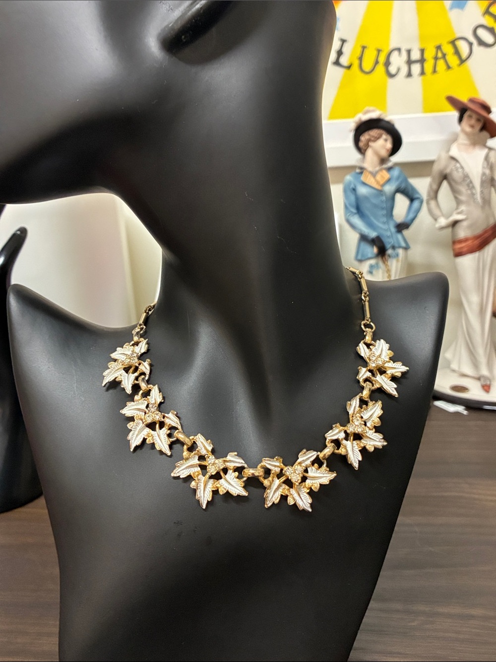 Vintage 1950s Gold Leaf Floral Enamel + CZ Statement Necklace